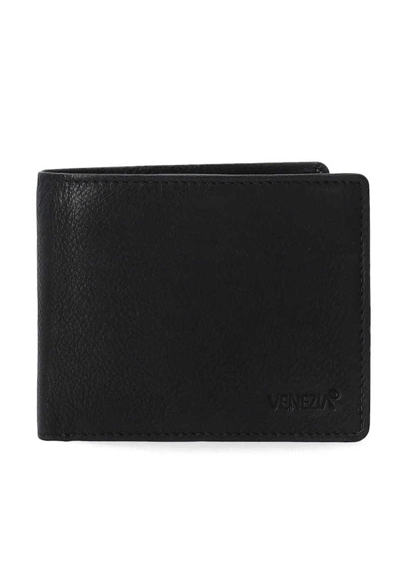 Zwarte leren portemonnee met een gestructureerd oppervlak, bi-fold ontwerp en geperst 'VENEZIA' logo. Voorzien van stiknaden langs de randen.
