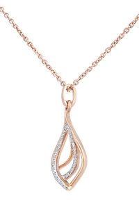 Collana a pendente in oro rosa con un design ondulato, featuring gemme chiare incastonate lungo un lato. Attaccata a una fine catena.