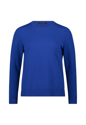 Langärmliger, königsblauer Strickpullover mit Rundhalsausschnitt sowie Rippbündchen und -saum, vor einem weißen Hintergrund präsentiert.