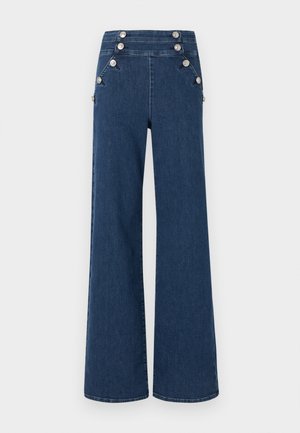 Dark blue high-waisted wide-leg jeans with decorative silver buttons along the waistband and front pockets.