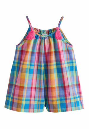 Bunter karierter ärmelloser Jumpsuit mit rosa Quasten an den Schulterriemen, mit einem lockeren, gerafften Ausschnitt und weitem Bein.