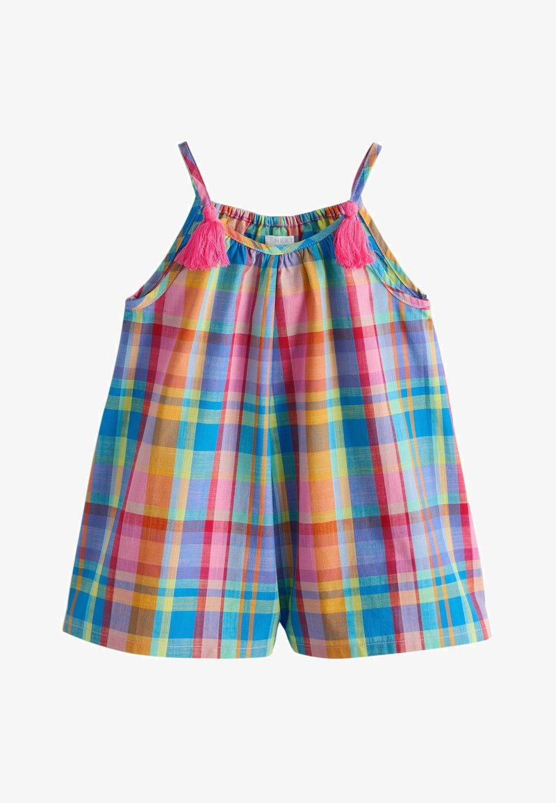 Combinaison sans manches à motif à carreaux colorés avec des pompons roses sur les bretelles, dotée d'un décolleté ample froncé et d'une coupe à jambes larges.