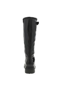 Botte en cuir noir montante, avec une texture lisse, zip sur le côté et un accent en boucle en haut. Semelle en caoutchouc épaisse pour une bonne adhérence.