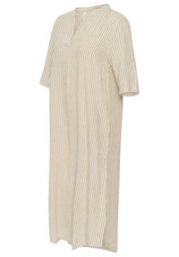 Robe beige et blanche à rayures verticales, longueur genou, manches courtes et petit col fendu en V.