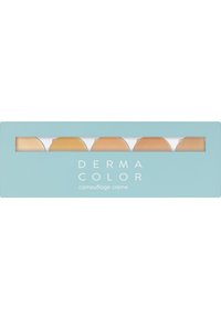 Camouflage cream palette with five circular shades in neutral tones, enclosed in a light blue rectangular casing with a clear window.