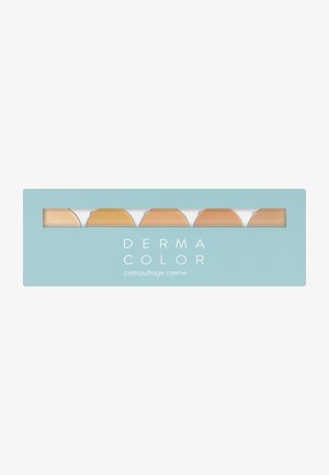 Camouflage cream palette with five circular shades in neutral tones, enclosed in a light blue rectangular casing with a clear window.