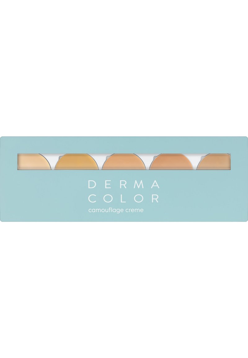 Camouflage cream palette with five circular shades in neutral tones, enclosed in a light blue rectangular casing with a clear window.
