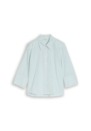 Lichtblauw-wit verticaal gestreept lange mouwen overhemd met knopen, kraag en brede manchetten.