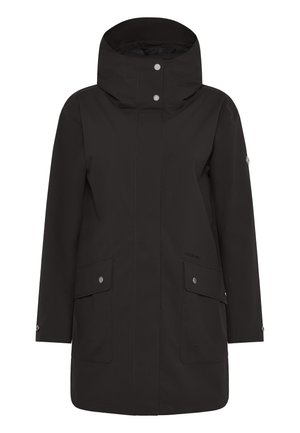 Svart vattentät jacka med hög krage, tryckknappar, två framfickor och långa ärmar. Slät textur och rak skärning.