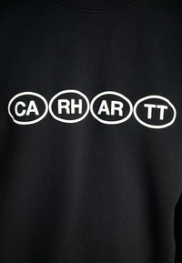 Sudadera negra con el texto "CARHARTT" en blanco, encerrado en cuatro formas ovaladas, con una textura de tela suave.