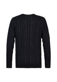 Dunkelblauer Kabelstrickpullover. Mit gerippten Bündchen und Saum, sowie strukturierten Mustern aus ineinandergreifenden Kabeln über dem Rücken.