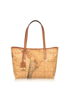 Sac cabas en cuir fauve avec une carte vintage de l'Amérique du Sud, doté de deux bretelles et d'une petite étiquette suspendue.