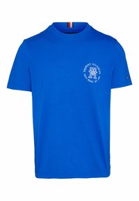 Camiseta de algodón azul con cuello redondo, con un logo blanco circular en el pecho y un pequeño acento de bandera en la manga.