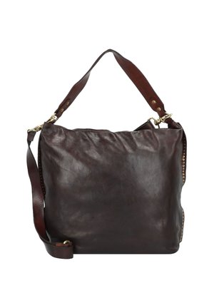 Borsa a mano in pelle marrone scuro con un manico superiore e tracolla removibile. Presenta accessori metallici e lati testurizzati.