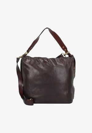 Dunkelbraune Ledertasche mit einem einzelnen Obergriff und abnehmbarem Schulterriemen. Ausgestattet mit Metallbeschlägen und strukturierten Seiten.