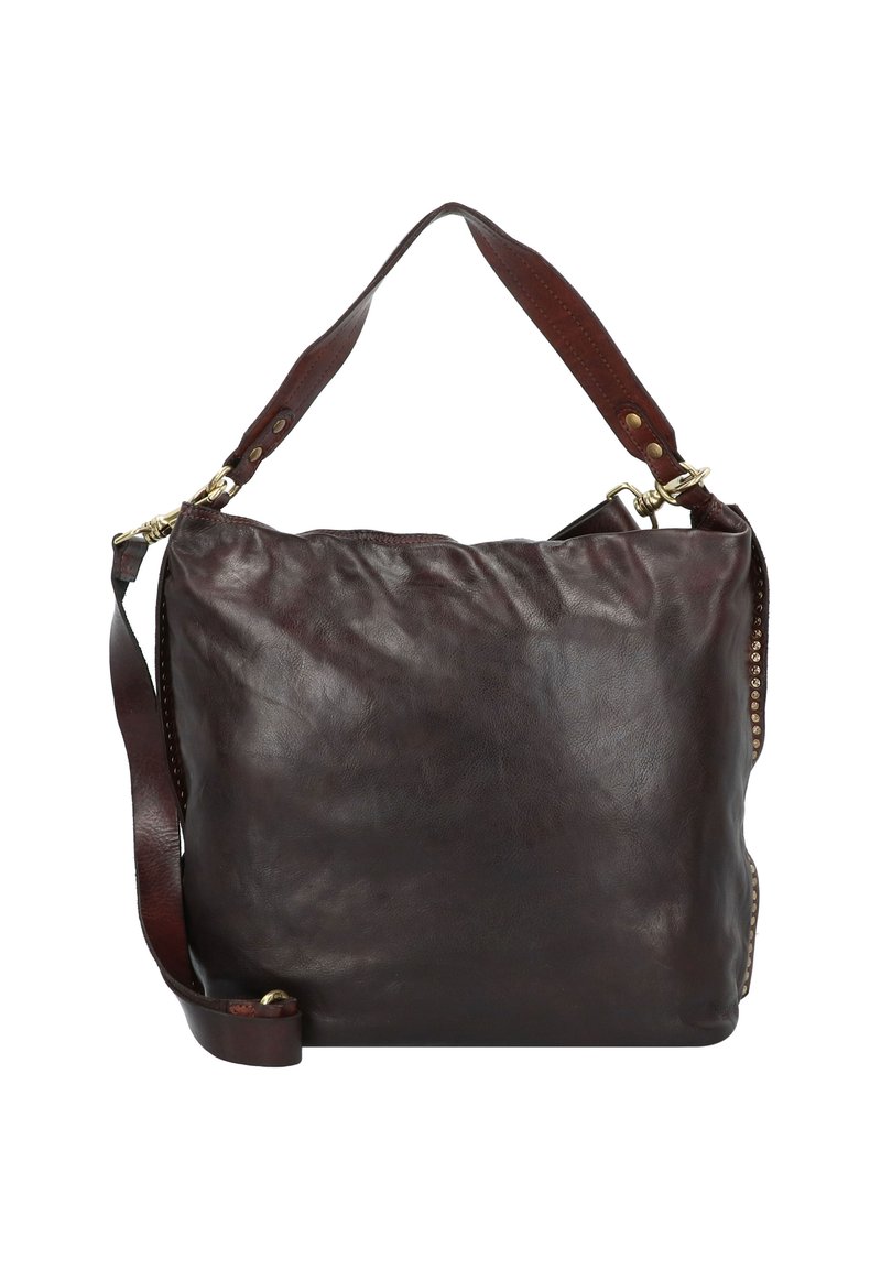 Bolso de mano de cuero marrón oscuro con un asa superior y correas de hombro desmontables. Presenta herrajes de metal y laterales texturizados.