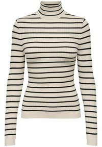 Pull à col roulé côtelé crème avec des rayures horizontales noires. Caractérisé par des manches longues et une silhouette ajustée.