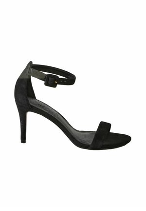 Must mustaga kõrge kontsaga sandaalid, millel on pahkluu rihm, avatud varbaga disain, tekstureeritud sisetald ja peen konts.