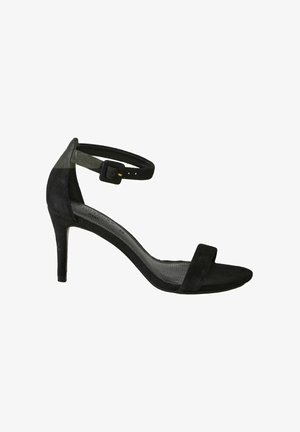 Svarta mocka högklackade sandaler med ankelrem, öppen tå-design, strukturerad innersula och smal klack.