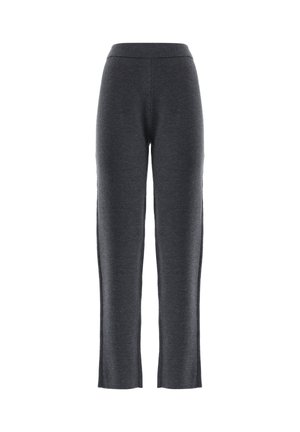 Pantaloni sportivi grigi con texture liscia, vita elastica e design a gamba dritta. Presentano pannelli laterali in tessuto coordinato.