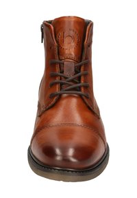 Braune Leder-Ankle Boots mit runder Zehenform, Schnürdesign und kontrastierenden Nähten. Verfügt über ein Logo auf der Zunge und eine robuste Sohle.