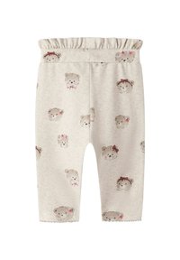 Jasnoszare legginsy z elastycznym pasem, zdobione wzorem z kreskówkowymi misiami w kokardkach i floralnymi akcentami. Miękka, teksturowana tkanina.