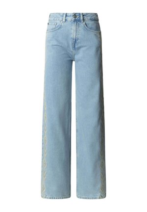 Lichtblauwe, wijde jeans met hoge taille, subtiele geborduurde patronen langs de buitenste zijnaden, een voorste knoopsluiting en zakken.