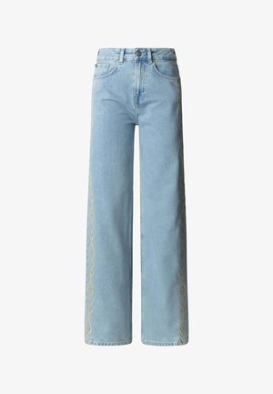 Jeans azzurri chiaro a vita alta con gamba larga, con sottili motivi ricamati lungo le cuciture laterali esterne, bottone frontale e tasche.