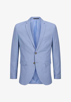 Svijetloplavi sako s jednostrukim kopčanjem, dva gumba, reveri i jedan džep na prsima; glatka unutarnja podstava.