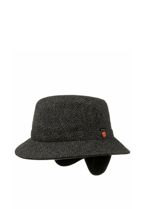 Dark gray herringbone-patterned bucket hat with a small orange logo badge on the side and soft ear flaps tucked underneath.
