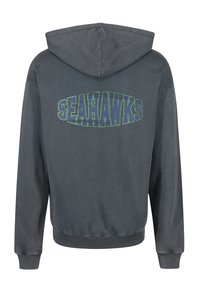 Felpa grigia con cappuccio caratterizzata da una grande grafica "SEAHAWKS" in verde e blu sul retro, con cappuccio regolabile e polsini e orlo a costine.