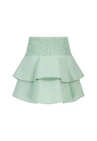 Falda mini de color verde menta, a cuadros, con diseño en capas y cintura fruncida. Presenta dos volantes en capas para añadir forma y textura.