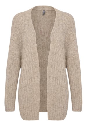 Gilet beige à ouverture devant avec un motif de tricot texturé, doté de manches longues et d'une coupe décontractée. Léger, avec une apparence douce et duveteuse.