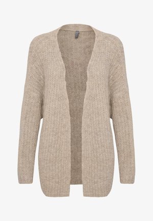 Beige nyitott kardigán, texturált kötött mintával, hosszú ujjakkal és laza szabással. Könnyű, puha, bolyhos megjelenésű.