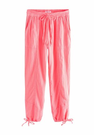 Leichte, leuchtend pinke Hose mit elastischem Bund und Kordelzug. Mit Seitentaschen und elastischen Bündchen an den Knöcheln. Strukturierter Stoff.