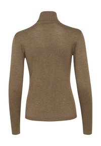 Barna, hosszú ujjú pulóver magas gallérral. Rácsozott textúra a gallérnál és az alján. Egyszerű, varrás nélküli dizájn, látható hardver nélkül.