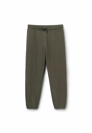 Pantalon de jogging vert olive avec ceinture élastique, cordon de serrage et poignets élastiques, présenté sur fond blanc.