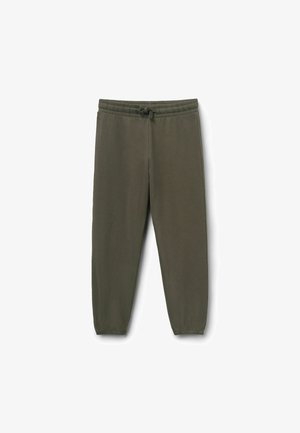 Pantalon de jogging vert olive avec ceinture élastique, cordon de serrage et poignets élastiques, présenté sur fond blanc.