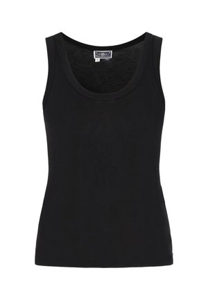 Schwarzes Tanktop mit einem runden Ausschnitt, aus einem glatten Stoff. Hat ein figurbetontes Design und keine Muster oder Verzierungen.
