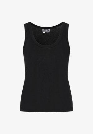 Schwarzes Tanktop mit einem runden Ausschnitt, aus einem glatten Stoff. Hat ein figurbetontes Design und keine Muster oder Verzierungen.
