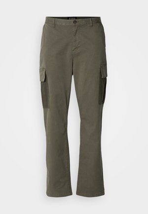 Olivgrüne Cargo-Hose mit geradem Schnitt, ausgestattet mit seitlichen Taschen, Reißverschluss und einem strapazierfähigen Baumwollmischgewebe.