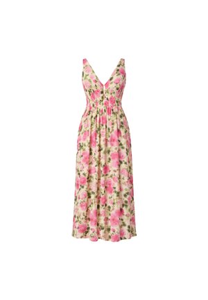 Vestido midi sin mangas con escote en V pronunciado, cintura fruncida y estampado floral rosa sobre fondo claro.