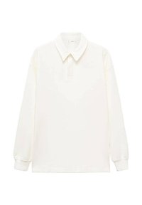 Valkoisa pitkähihaine polo-paita klassisella kauluksella, jossa on nappilista ja käänteiset hihat. Sujuva rakenne rentoa istuvuutta varten.