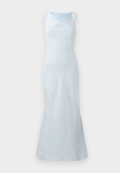 Light blue sleeveless dress with a rounded neckline, fitted bodice, and flared hem. Made of smooth fabric with a subtle texture.