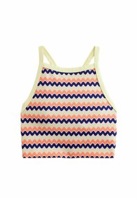 Crop top sans manches pour enfants avec bretelles jaunes et rayures en zigzag multicolores en bleu marine, pêche et beige.