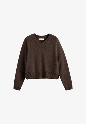 Maglione corto marrone con scollatura a V, polsini e orlo a coste. Realizzato in materiale morbido, presenta maniche a raglan e una texture liscia.