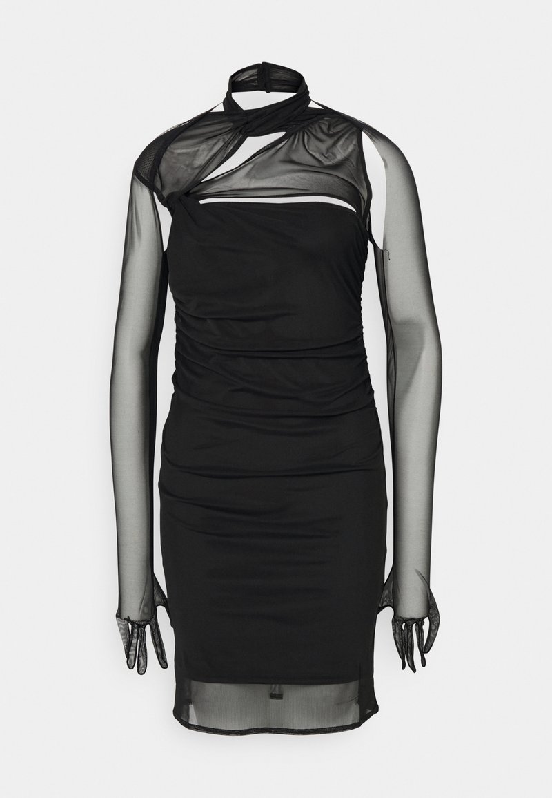 Zwarte jurk met sheer mesh lange mouwen, asymmetrische halslijn, gerimpeld lichaam en een aansluitende silhouet. Transparante accenten en zoom.