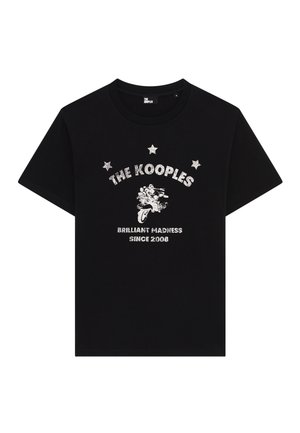 Juodas trumpomis rankovėmis marškinėliai su balta spauda, ant kurios pavaizduotos trys žvaigždės, motociklas ir užrašai "THE KOOPLES", "BRILIANT ŠIURPĖS Nuo 2008".