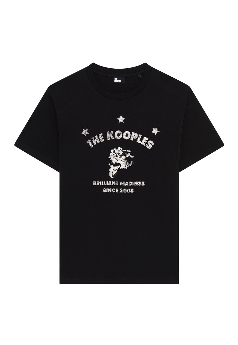 T-shirt nera a maniche corte con stampa bianca di tre stelle, una motocicletta e il testo "THE KOOPLES," "BRILLIANT MADNESS SINCE 2008."