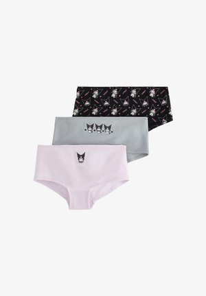 Three pairs of cotton panties in pink, gray, and black. The black pair features a puppy print; the gray and pink pairs have character graphics.